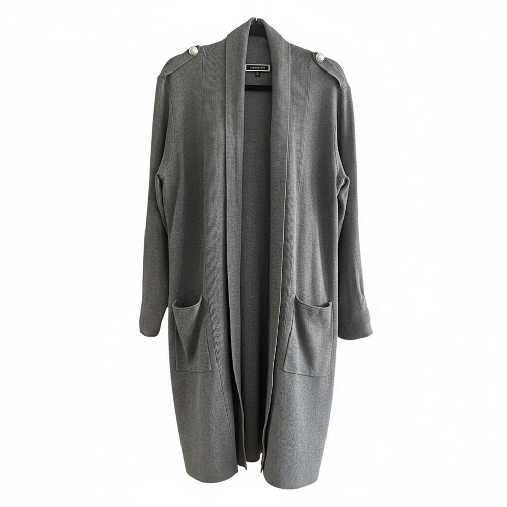 Grey Long Cardigan Open Shawl Collar Coatigan Button Shoulder Knit Pockets L